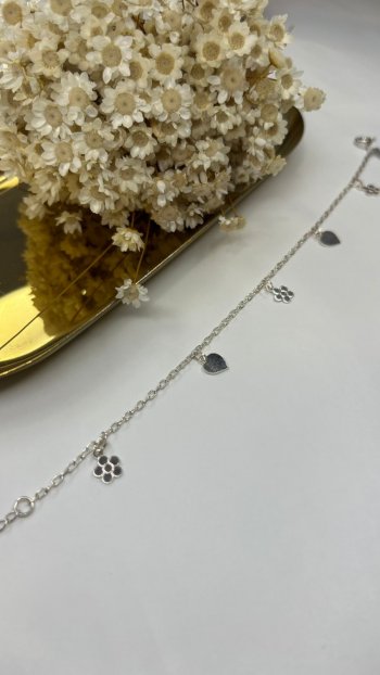 PULSEIRA FLOR E CORAÇÕES EM PRATA925